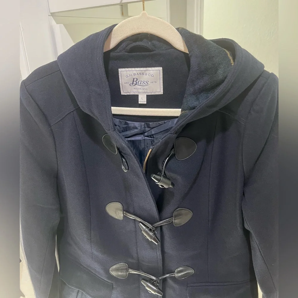 NWOT G H Bass High Quality Navy Blue Hooded Pea Coat/ Duffle Coat - Picture 3 of 12